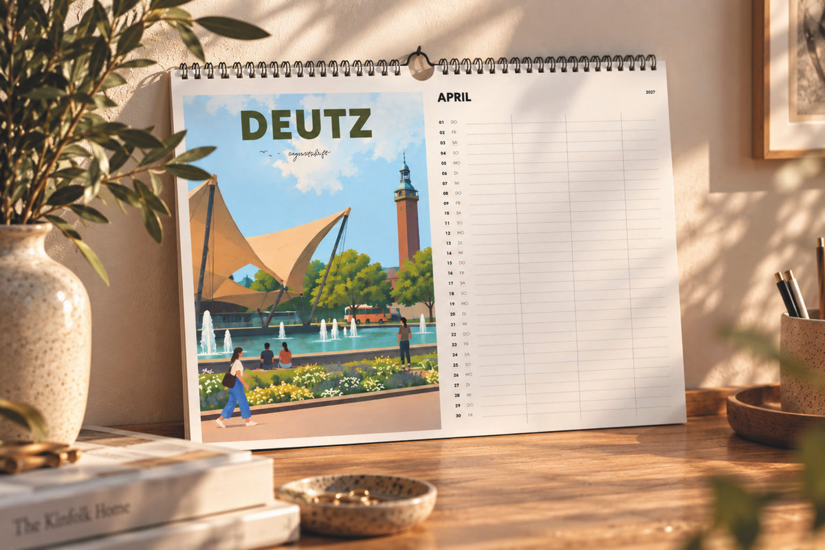 Heimatkalender Köln 2027 mit dem Monatsblatt Deutz auf einem Holzregal
